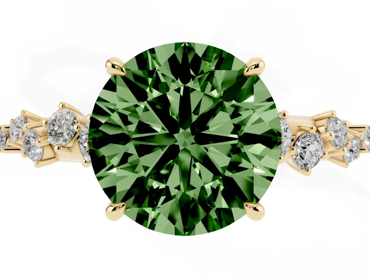 Fancy Green Round Cut Diamond Cluster Side Stone Solitaire Ring with Prong Setting Yellow gold