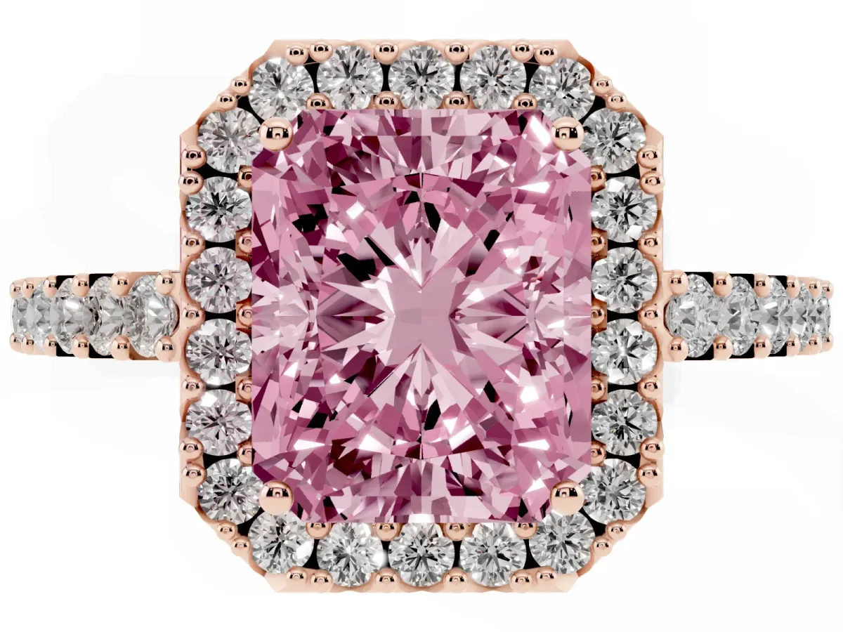 Fancy Pink Radiant Cut Halo Diamond Pavé Solitaire Ring Rose gold