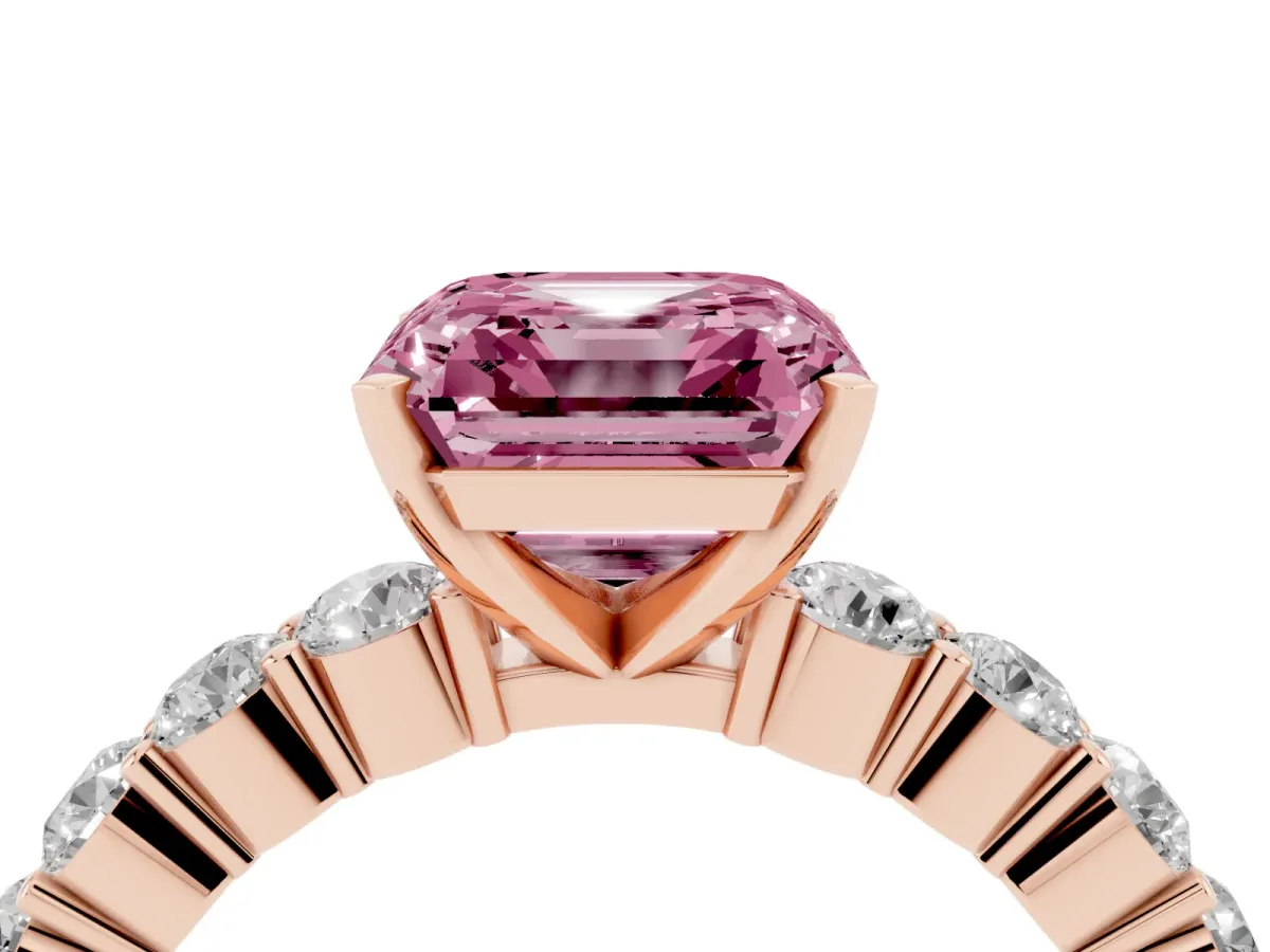 Fancy Pink Asscher Cut Diamond Solitaire Ring with Shared Prong Round Side Stones Rose gold