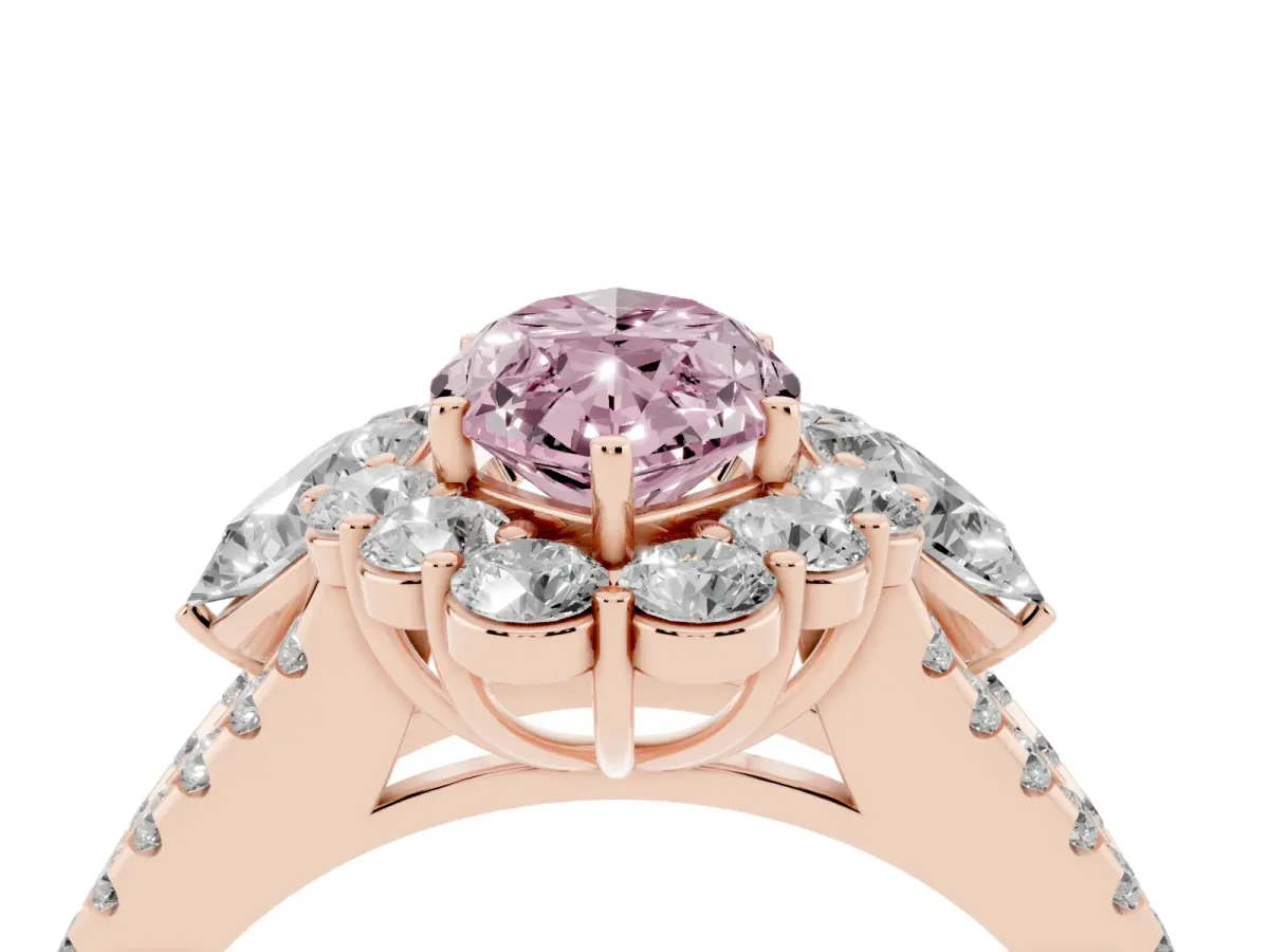 Fancy Pink Marquise Cut Halo Split Shank Diamond Engagement Ring with Prong Setting Rose gold