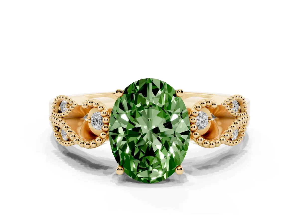 Fancy Green Oval Cut Solitaire Milgrain Leaf Band with Prong Setting Yellow gold