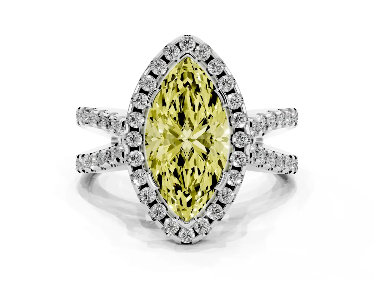 Fancy Yellow Marquise Cut Diamond Halo Ring with Split Shank Pavé Band and Prong Setting White gold
