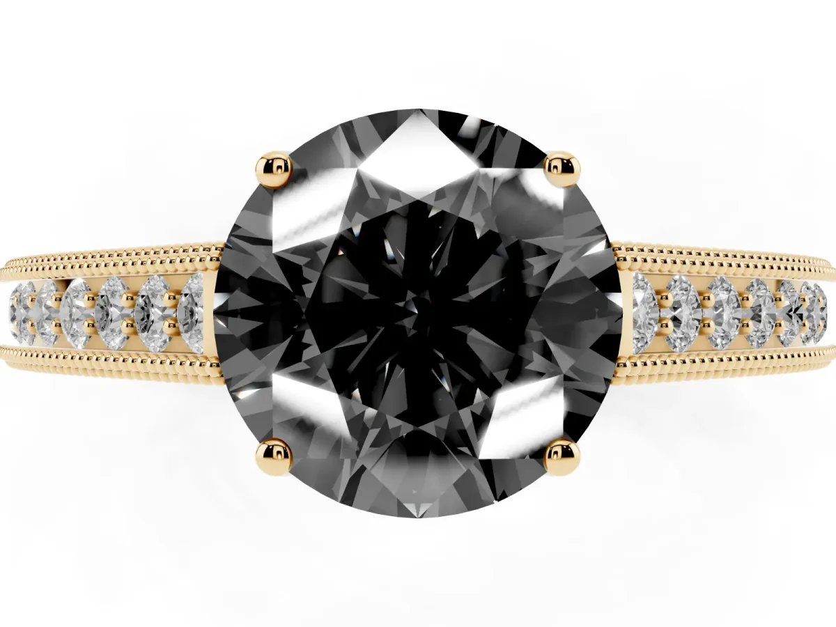 Fancy Black Round Cut Cut Pave Band Milgrain Solitaire Ring Yellow gold