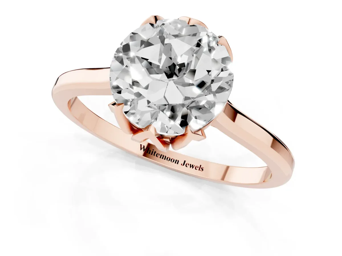 Round Cut Diamond Solitaire Ring with Flower Prong Setting and Classic Band Rose gold