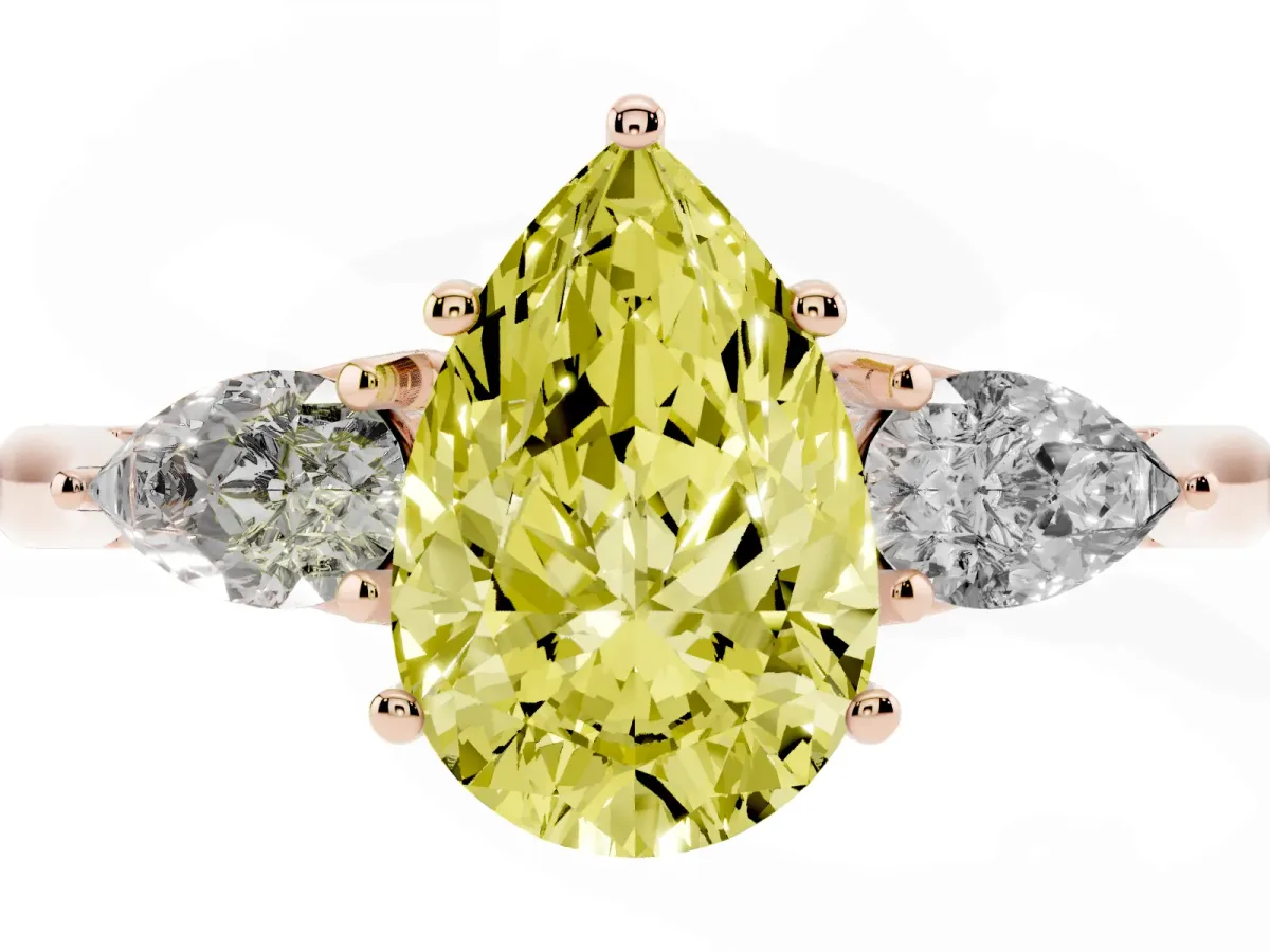 Fancy Yellow Pear Cut Diamond Three-Stone Ring with Pear Side Stones and Prong Setting Rose gold