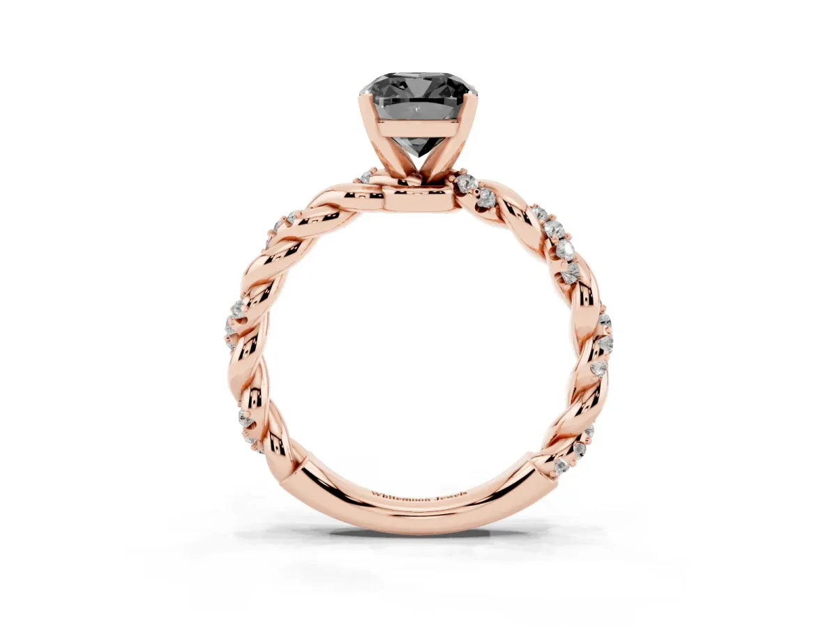 Fancy Black Cushion Cut Diamond Solitaire Ring with Twisted Band and Pavé Accents Rose gold