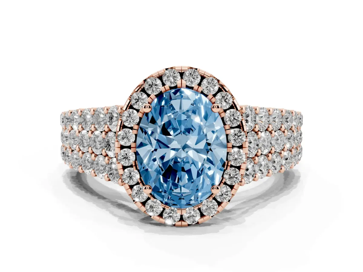 Fancy Blue Oval Cut Diamond Halo Engagement Ring with Triple Row Round Pavé Band and Prong Setting Rose gold