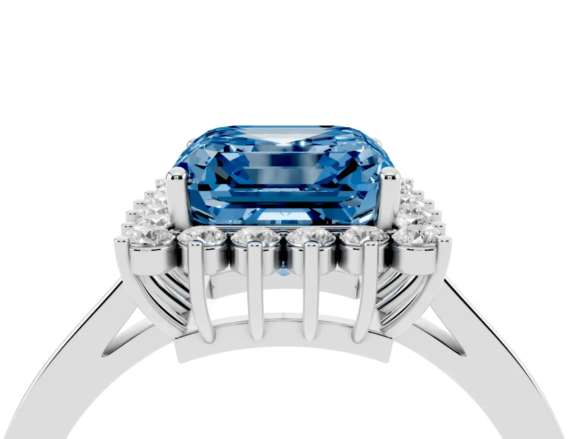 Fancy Blue Asscher Cut Cut Diamond Halo Ring with Round Brilliant Halo and Solitaire Band Silver