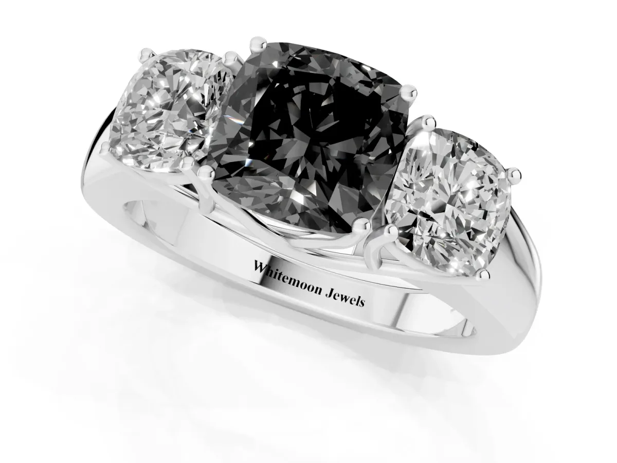 Fancy Black Three-Stone Cushion Cut Cut Diamond Ring with Prong Setting and Classic Band Platinum