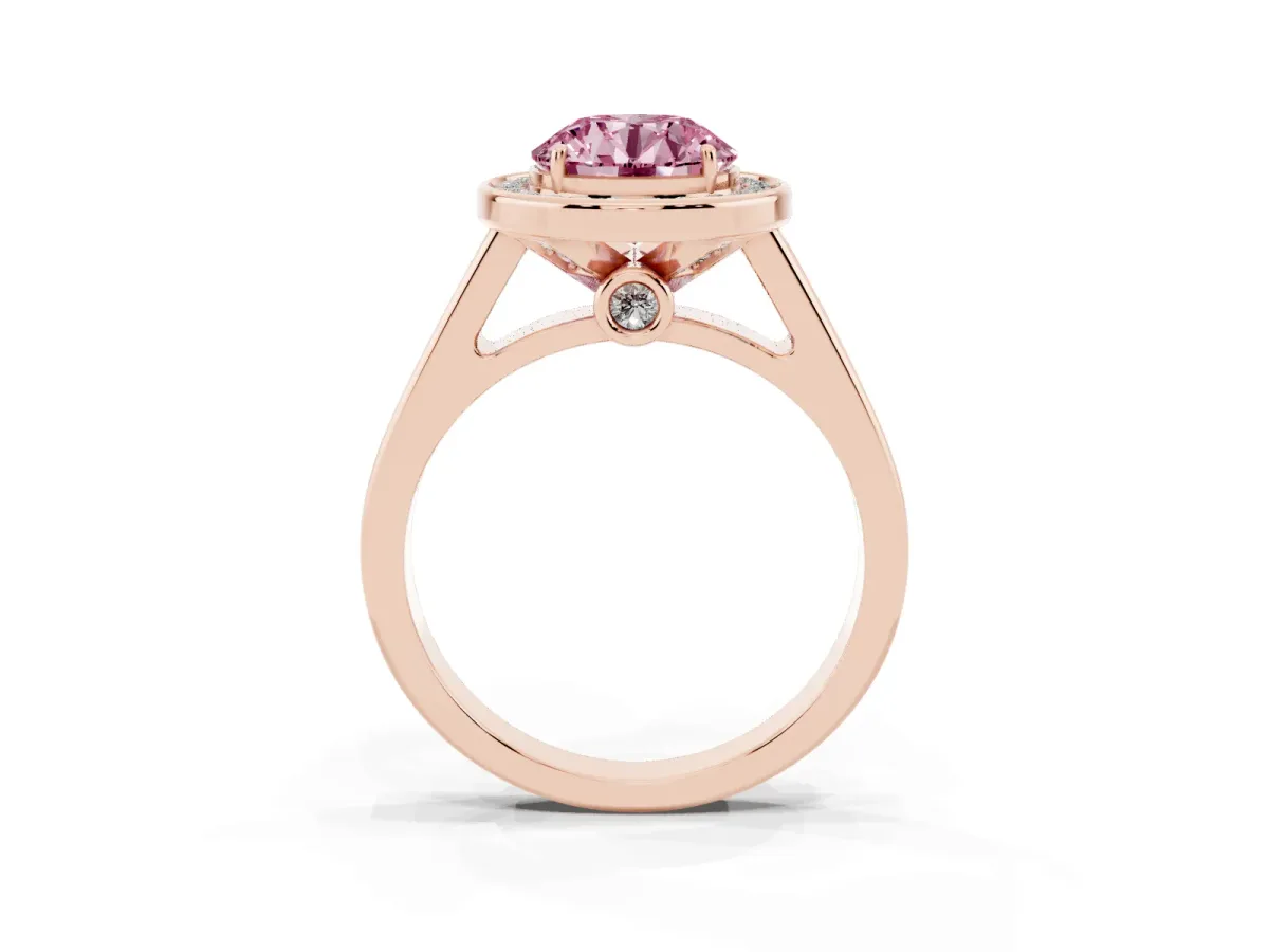 Fancy Pink Round Cut Halo Solitaire Diamond Ring with Pave Band and Bezel Setting Rose gold