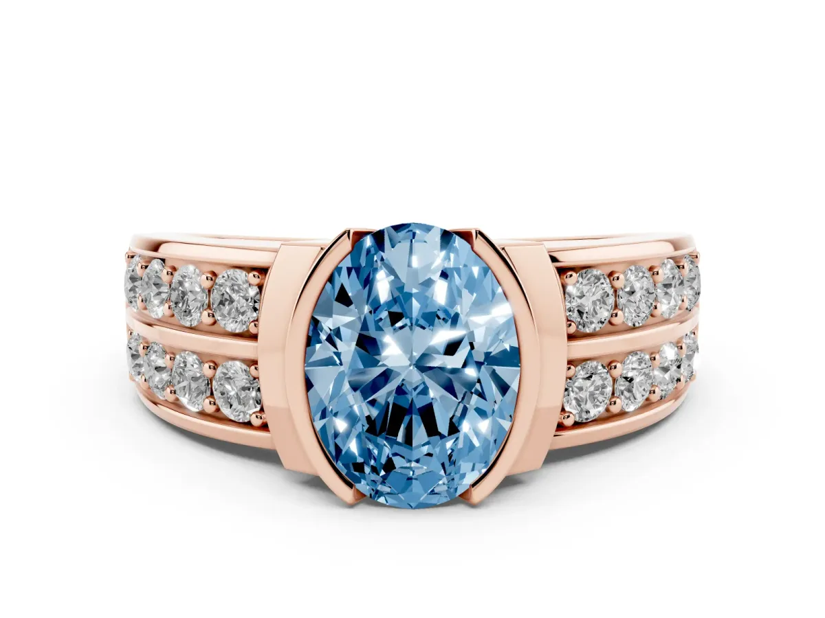 Fancy Blue Oval Cut Brilliant Diamond Channel Set Wide Band Ring with Bezel Setting Rose gold