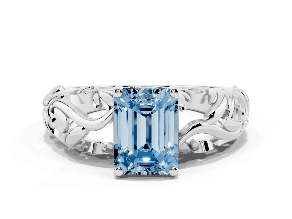 Fancy Blue Emerald Cut Solitaire Diamond Leaf-Inspired Vine Band Ring with Prong Setting Platinum