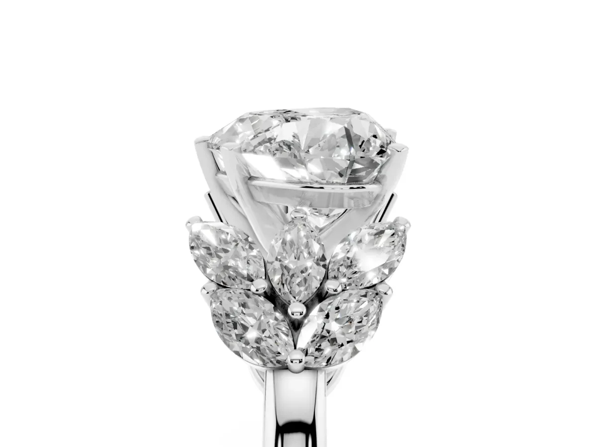 Heart Cut Diamond Cluster Leaf Design Ring with Prong Setting Silver