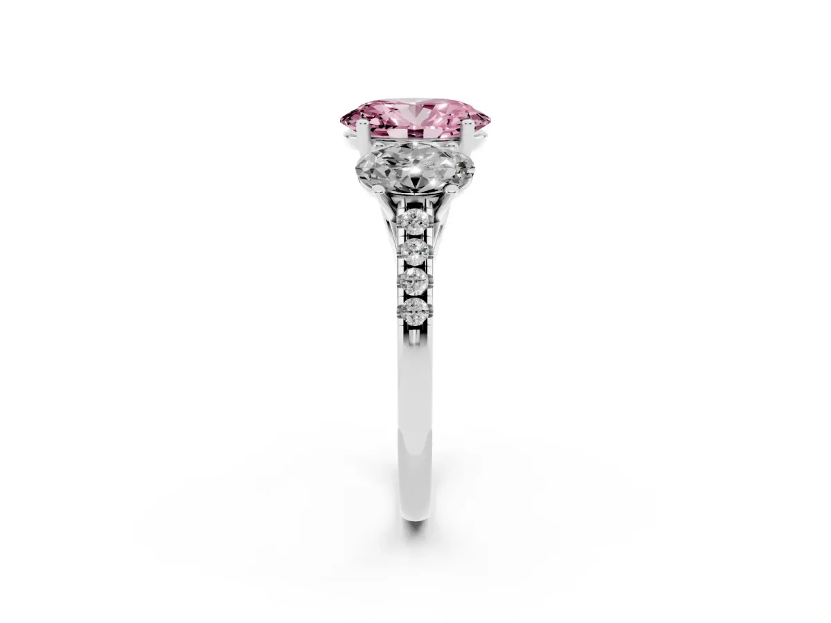 Fancy Pink Three-Stone Oval Cut Diamond Ring with Round Pavé Band and Prong Setting Silver