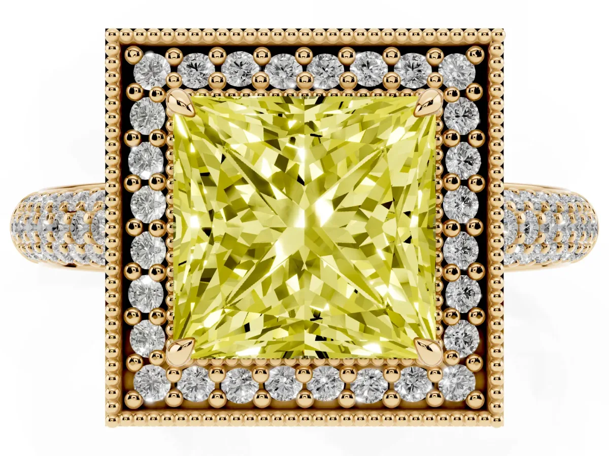 Fancy Yellow Princess Cut Cut Halo Diamond Pave Band with Four-Prong Setting Yellow gold
