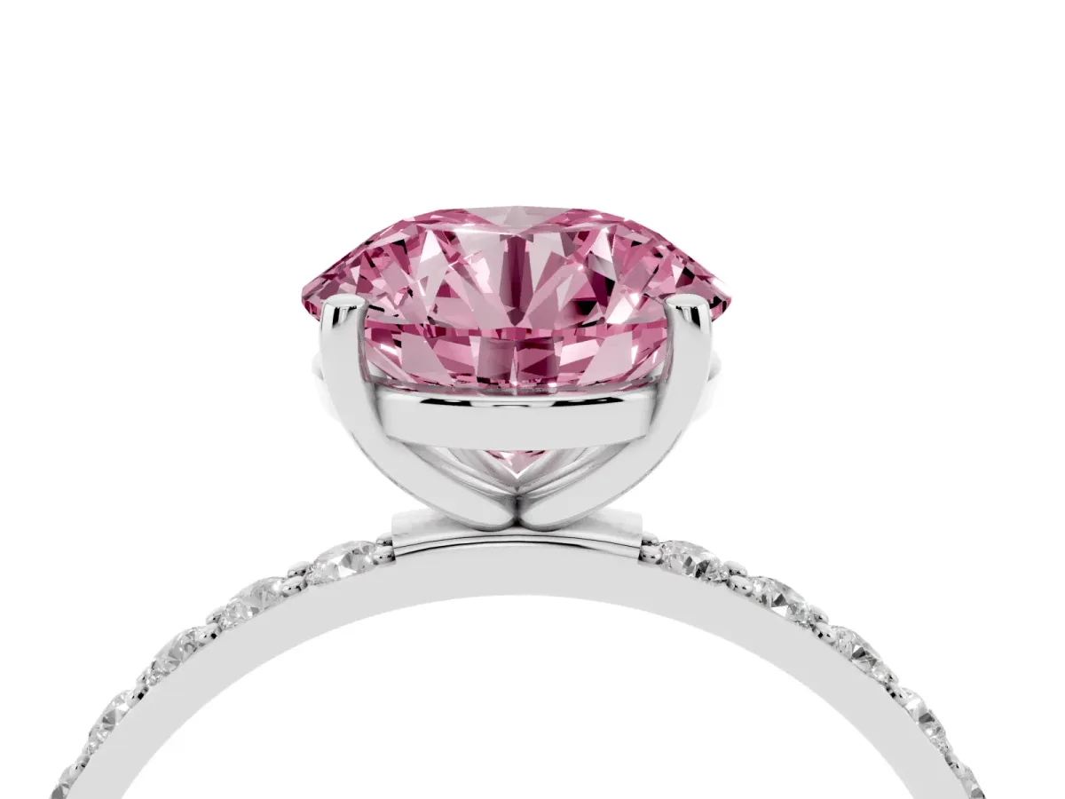 Fancy Pink Round Cut Diamond Solitaire Ring with Round Pavé Shoulders and Prong Setting Silver