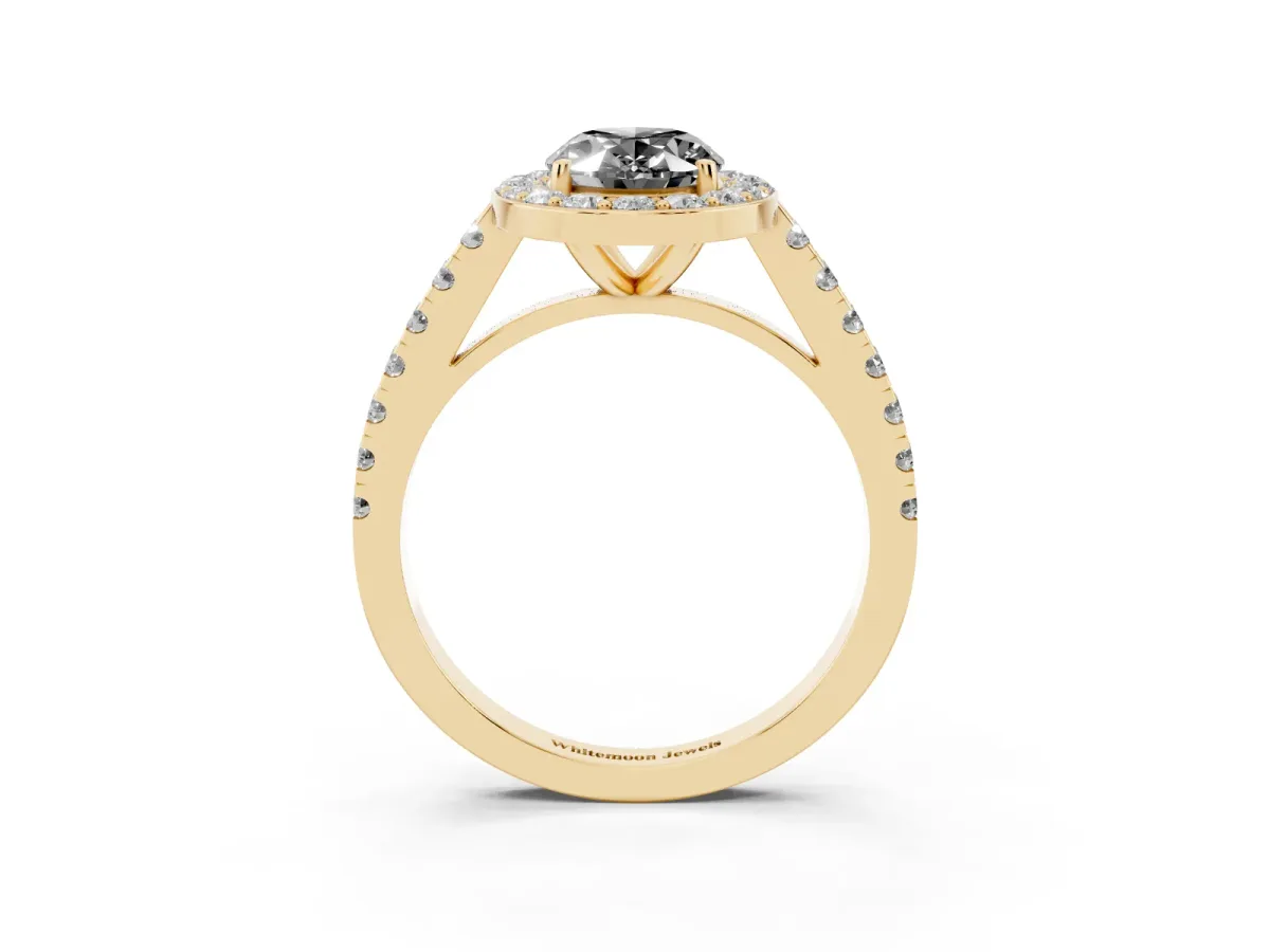Fancy Black Oval Cut Diamond Halo Ring with Round Pavé Split Shank and Prong Setting Yellow gold