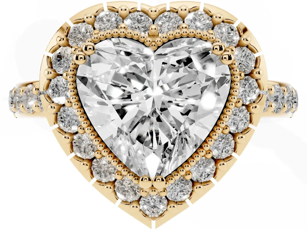 Heart Cut Diamond Halo Ring with Pavé Band and Prong Setting Yellow gold