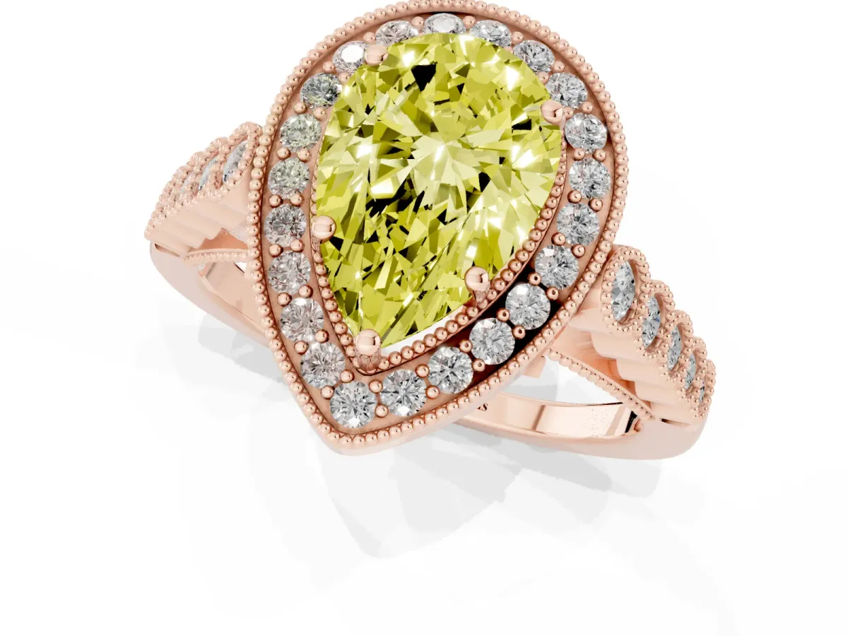 Fancy Yellow Pear Cut Halo Milgrain Solitaire with Bezel Set Side Stones and Pave Band Rose gold