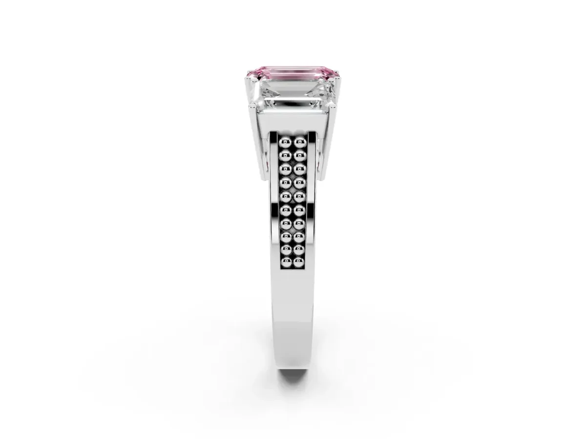 Fancy Pink Emerald Cut Diamond Three-Stone Ring with Prong Setting and Textured Band Silver