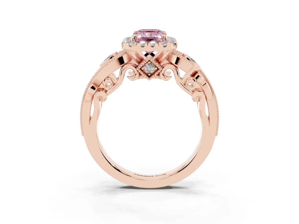 Fancy Pink Emerald Cut Halo Diamond Ring with Milgrain and Bezel Accents on a Split Shank Band Rose gold