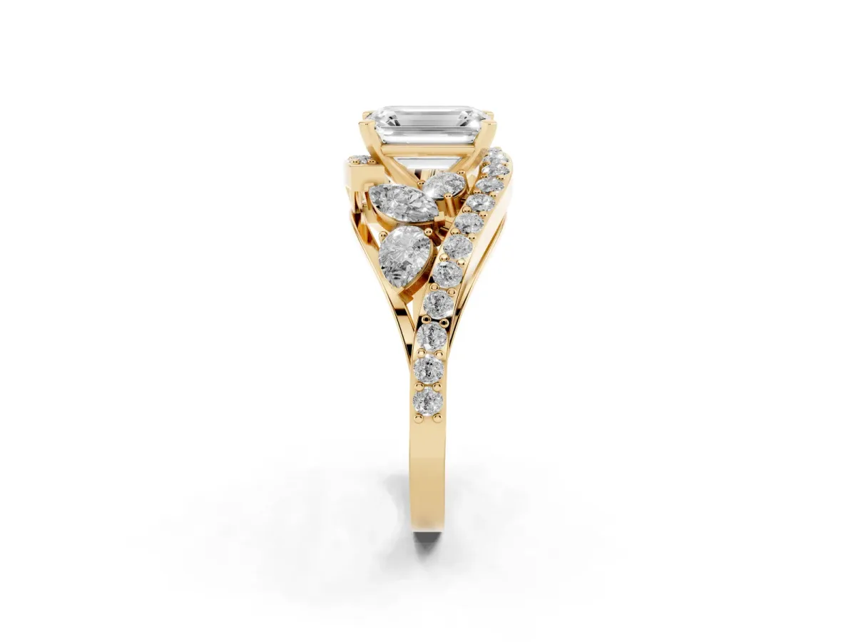 Emerald Cut Diamond Halo Ring with Marquise and Pavé Band in Prong Setting Yellow gold