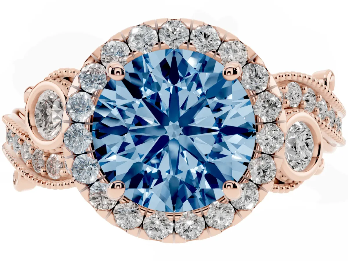 Fancy Blue Round Cut Halo Diamond Ring with Milgrain and Bezel Accents on a Split Shank Band Rose gold