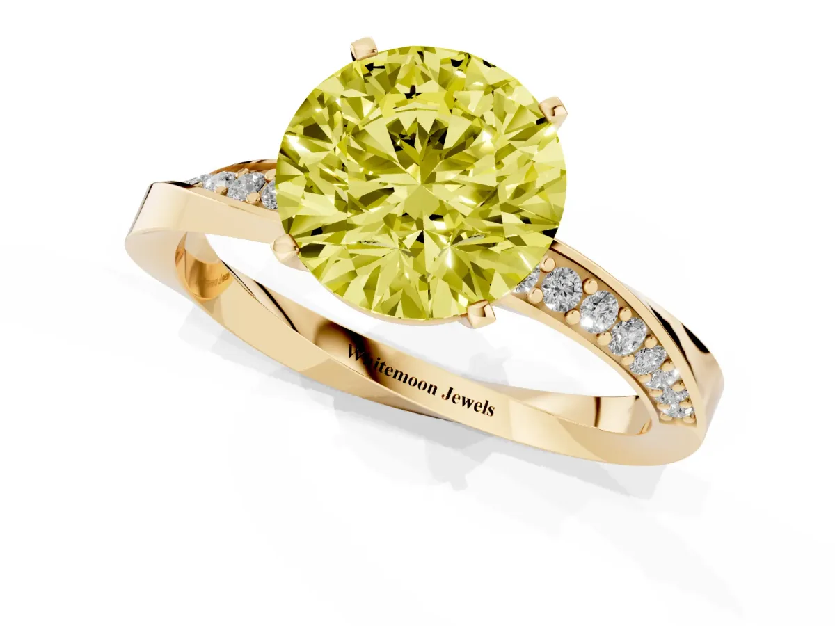 Fancy Yellow Round Cut Diamond Engagement Ring with Side Stone Accents and Four-Prong Setting Yellow gold
