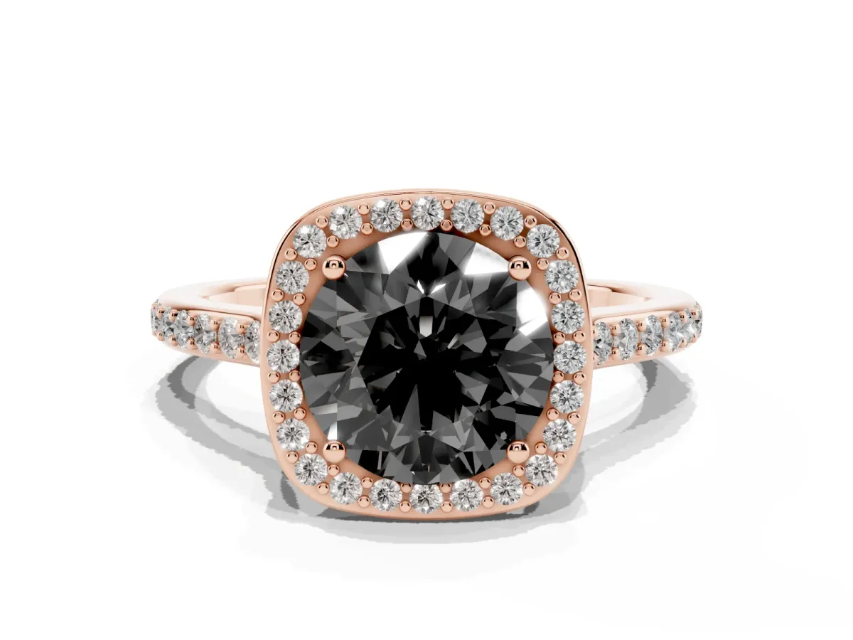 Fancy Black Round Cut Diamond Halo Engagement Ring with Round Pavé Shoulders and Prong Setting Rose gold