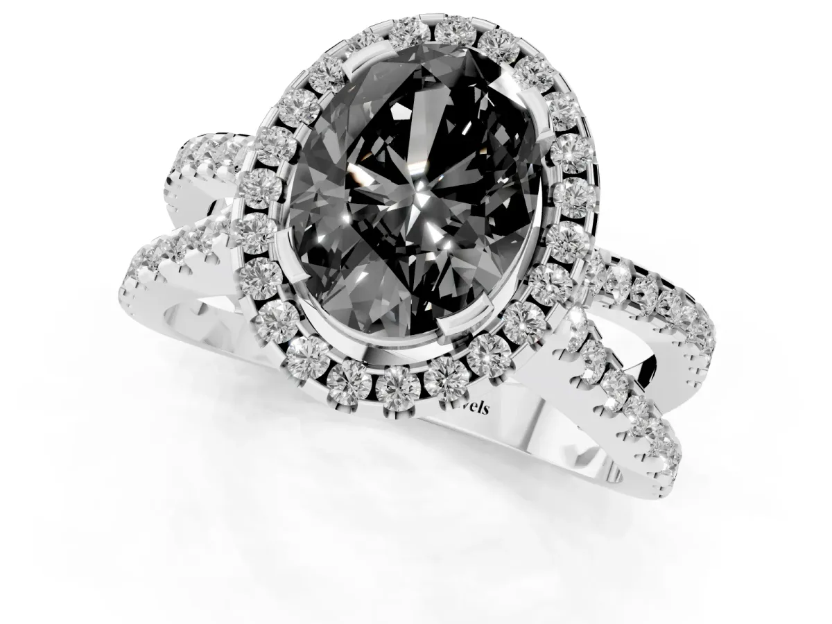 Fancy Black Oval Cut Diamond Halo Ring with Split Shank Pavé Band and Prong Setting Silver
