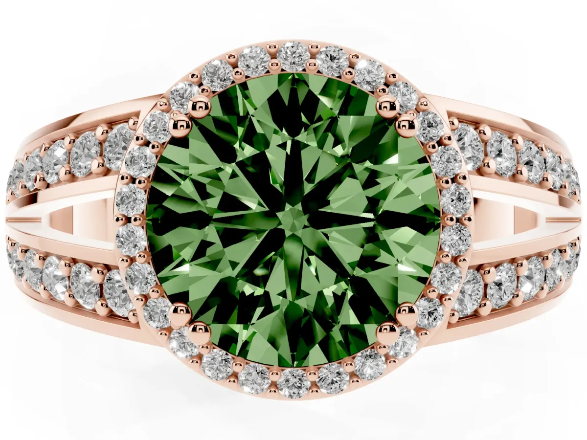 Fancy Green Round Cut Diamond Halo Ring with Split Shank Pavé Band and Four-Prong Setting Rose gold