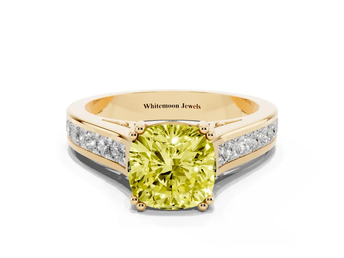 Fancy Yellow Cushion Cut Cut Channel Set Solitaire Engagement Ring with Prong Setting Yellow gold