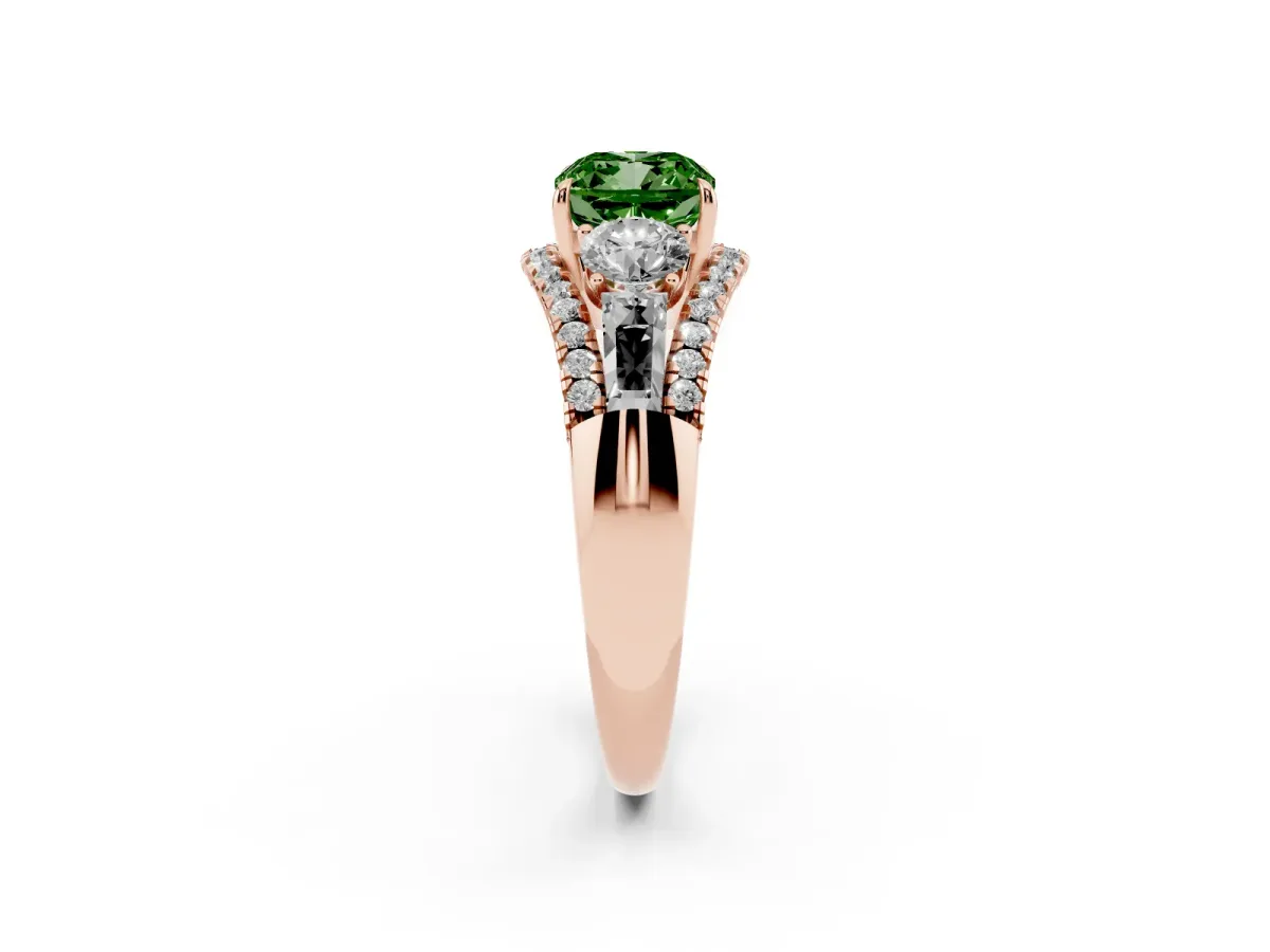 Fancy Green Three-Stone Cushion Cut Diamond Engagement Ring with Pave Band and Prong Setting Rose gold