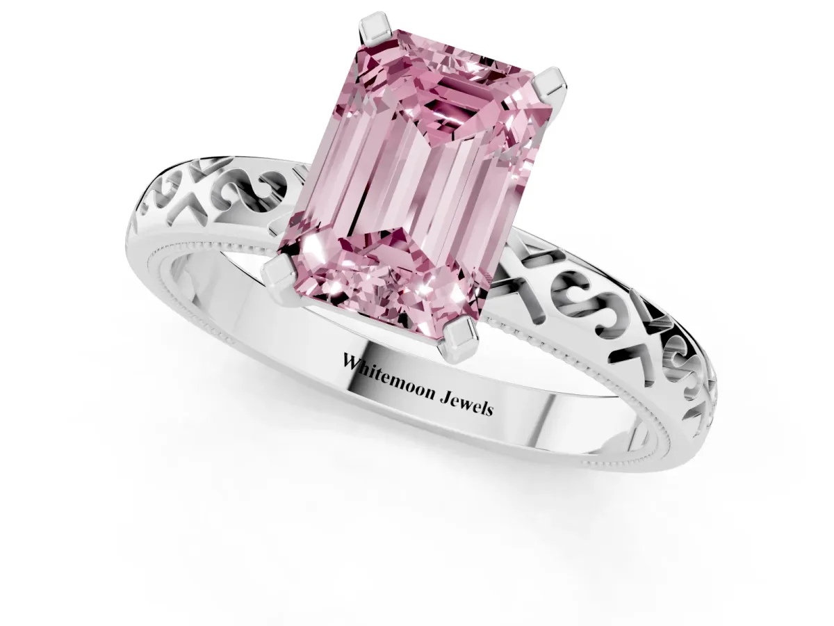 Fancy Pink Emerald Cut Solitaire Engagement Ring with Scrollwork Band and Four-Prong Setting White gold