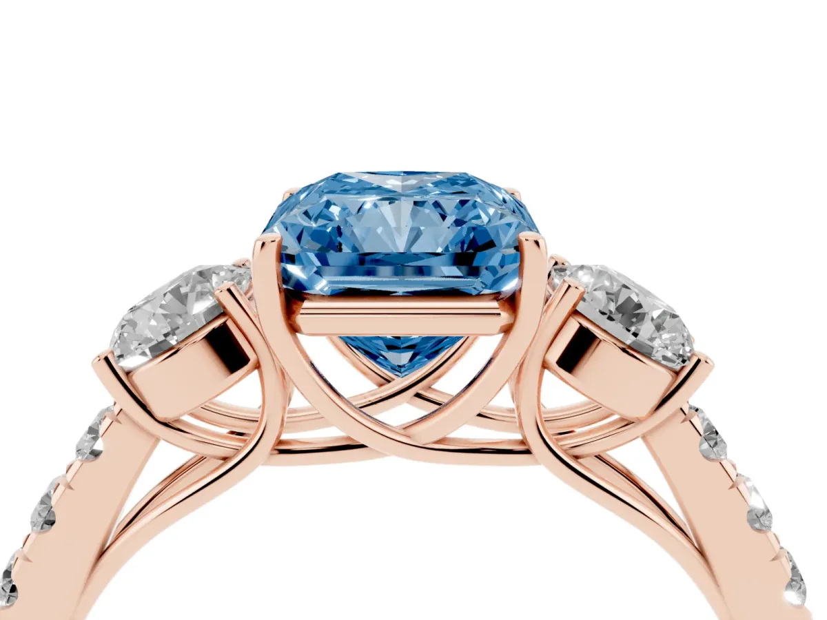 Fancy Blue Radiant Cut Cut Diamond Three-Stone Ring with Round Side Stones and Pavé Band Rose gold