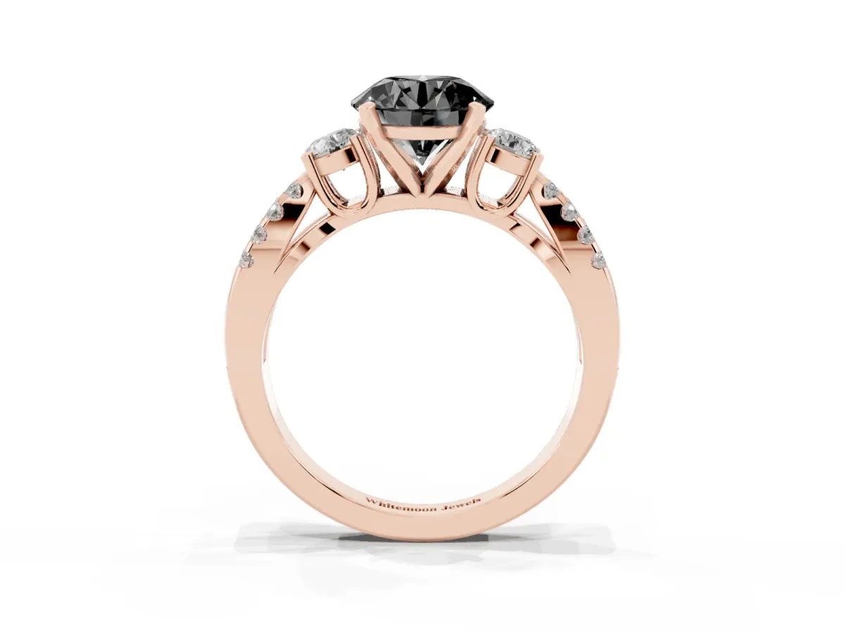 Fancy Black Round Cut Diamond Three-Stone Ring with Pavé Split Shank and Four-Prong Setting Rose gold