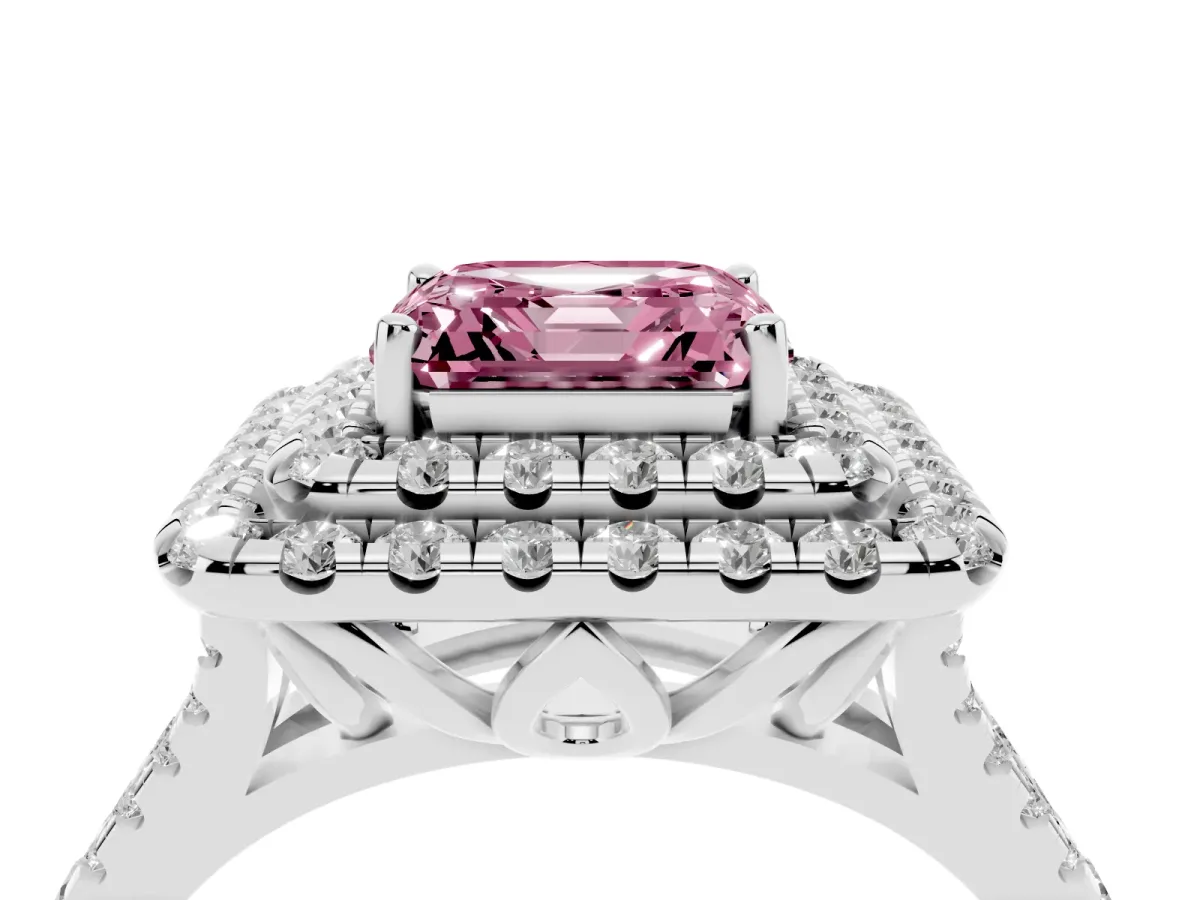 Fancy Pink Double Halo Asscher Cut Diamond Pavé Split Shank Ring with Prong Setting Silver