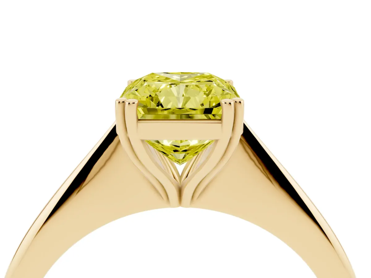 Fancy Yellow Radiant Cut Solitaire Diamond Ring with Six-Prong Setting and Classic Band Yellow gold
