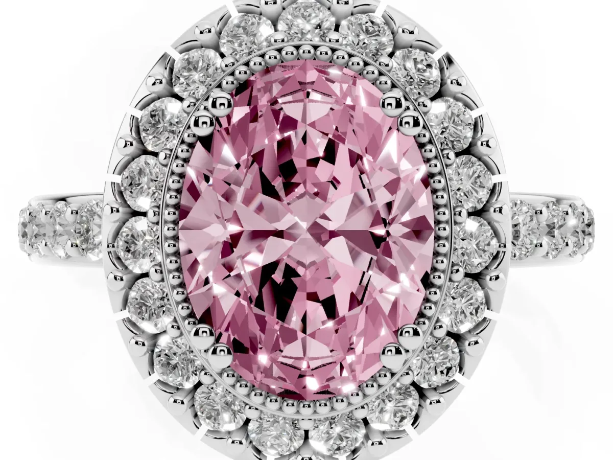 Fancy Pink Oval Cut Diamond Halo Ring with Pavé Band and Prong Setting Silver