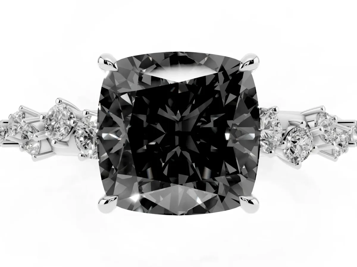 Fancy Black Cushion Cut Diamond Cluster Side Stone Solitaire Ring with Prong Setting Platinum