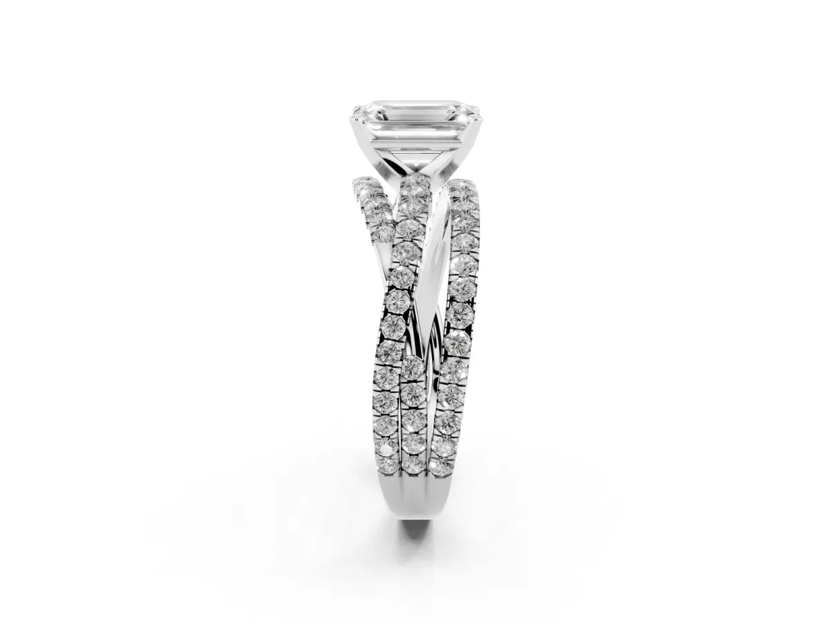 Emerald Cut Solitaire Twist Band with Pavé Setting and Four-Prong Setting Silver