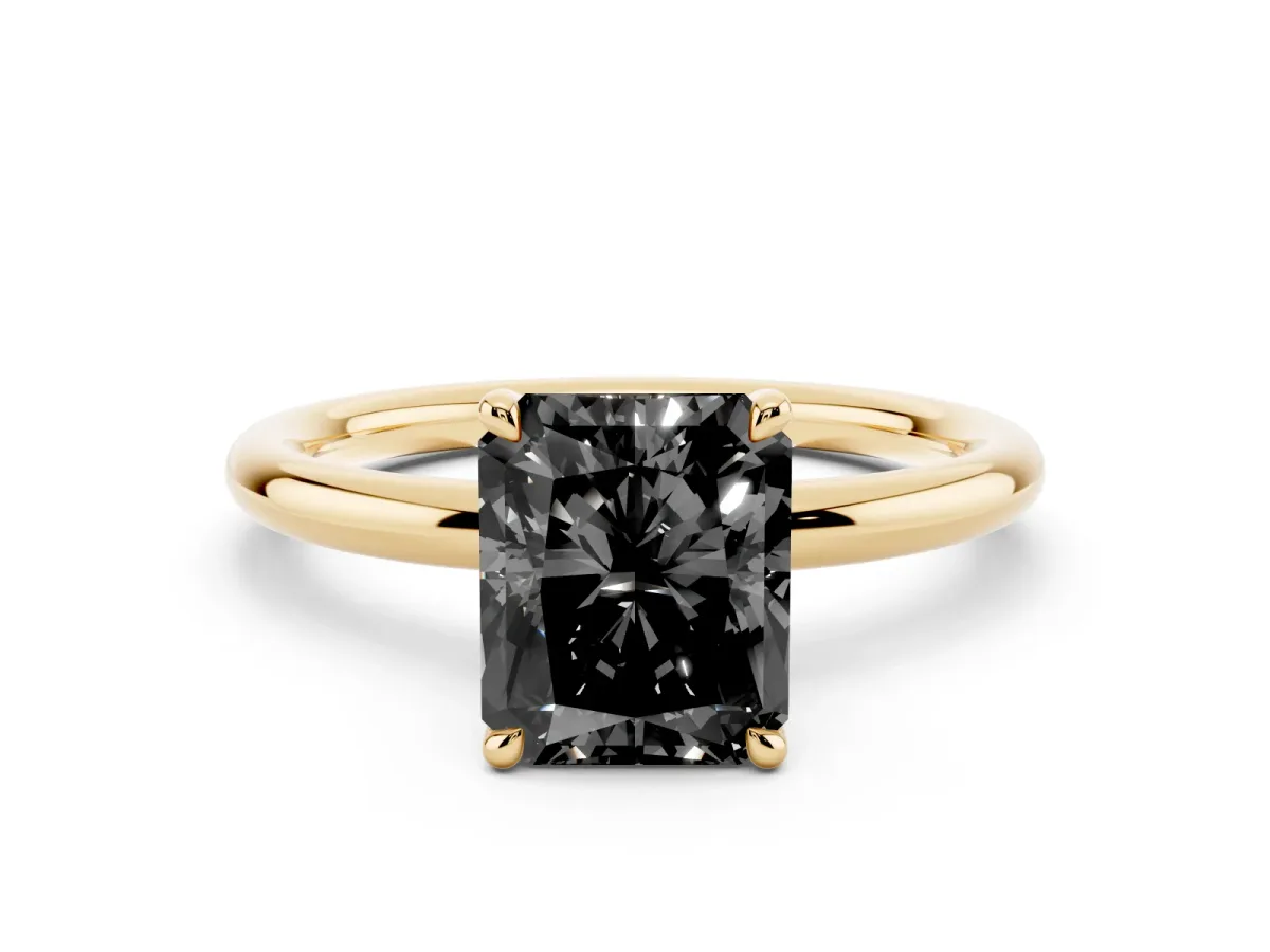 Fancy Black Radiant Cut Diamond Solitaire Ring with Thin Band and Four-Prong Setting Yellow gold