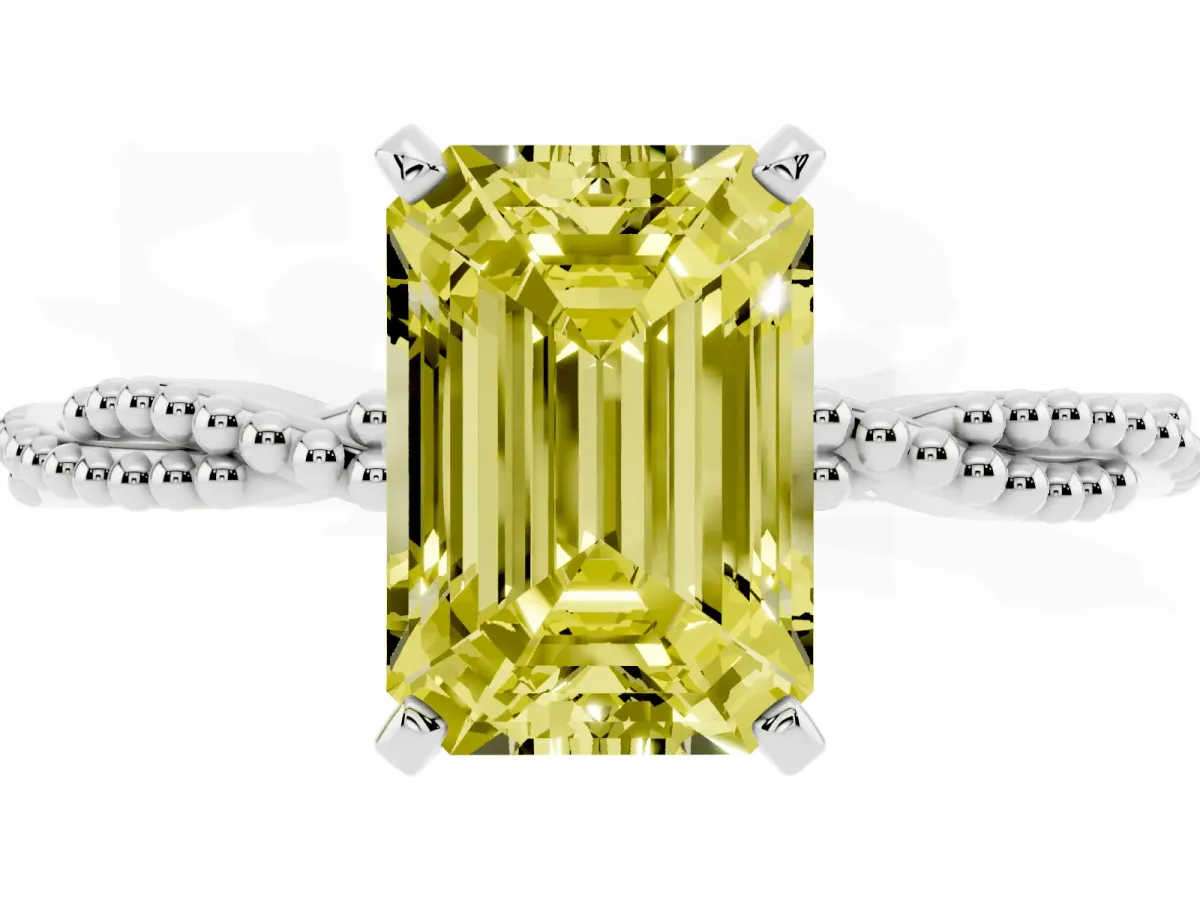 Fancy Yellow Emerald Cut Solitaire Twisted Band with Bead Prong Setting Silver
