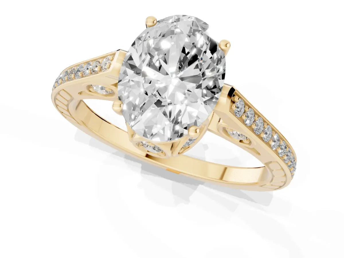 Oval Cut Cut Cathedral Pave Diamond Engagement Ring with Six-Prong Setting Yellow gold