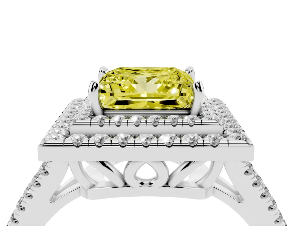 Fancy Yellow Princess Cut Diamond Double Halo Ring with Pavé Band and Prong Setting White gold