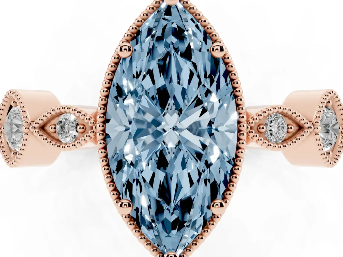 Fancy Blue Marquise Cut Diamond Vintage Milgrain Ring with Round Stations Rose gold