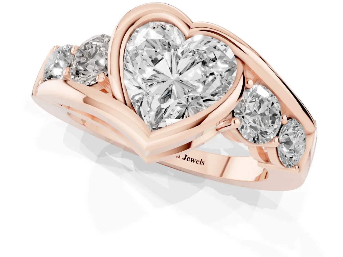 Bezel Set Heart Cut Diamond Bypass Ring with Round Accents Rose gold