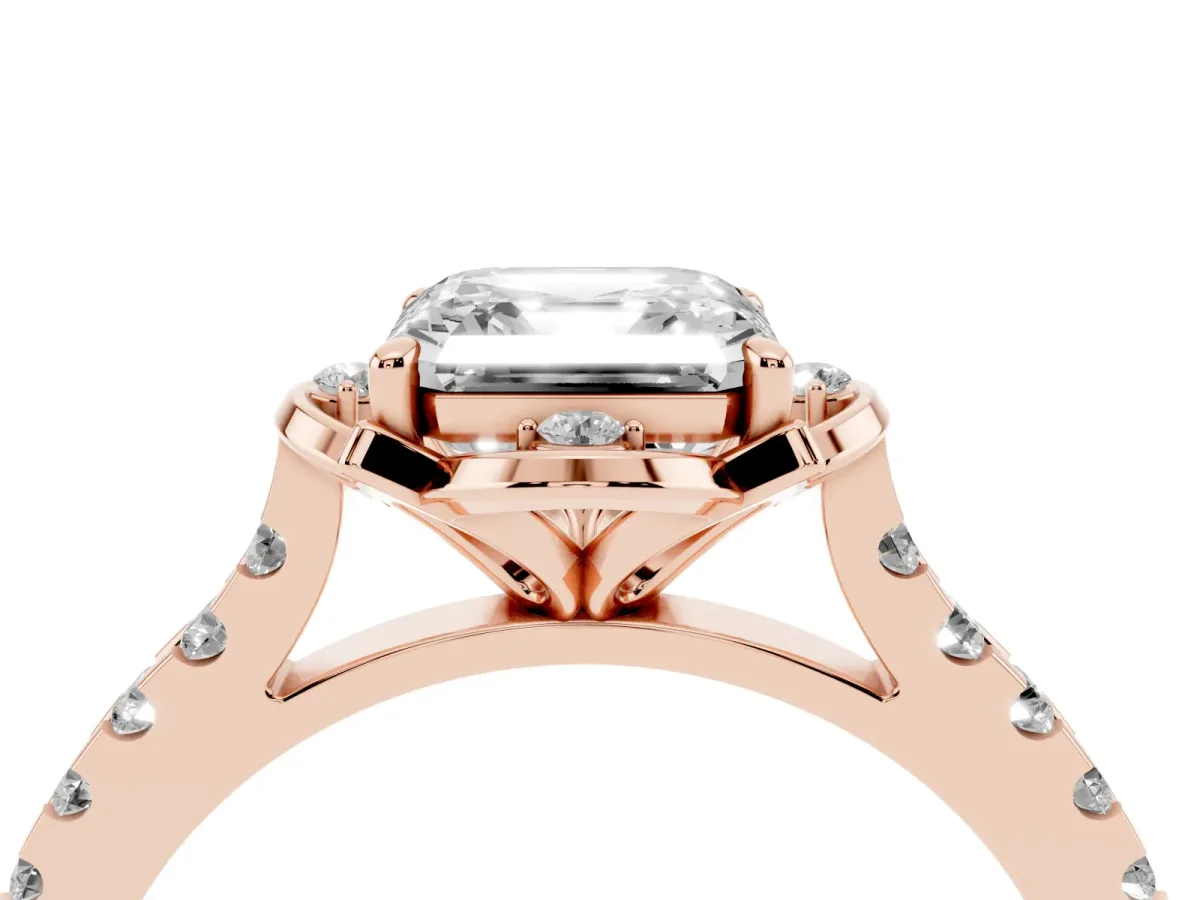 Asscher Cut Diamond Ring with Pavé Band and Floral Prong Setting Rose gold