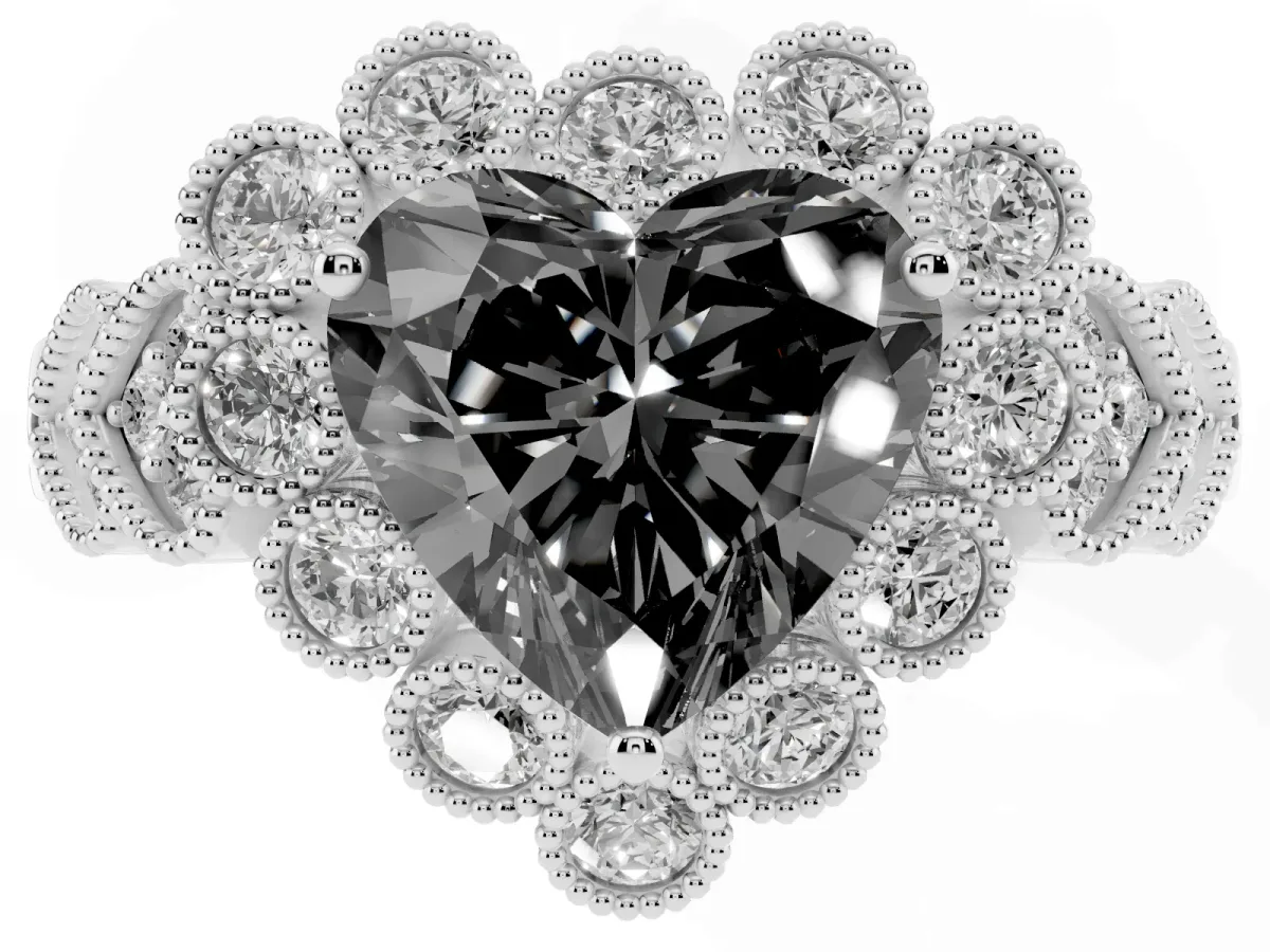 Fancy Black Heart Cut Brilliant Milgrain Pave Heart Band Solitaire Ring White gold
