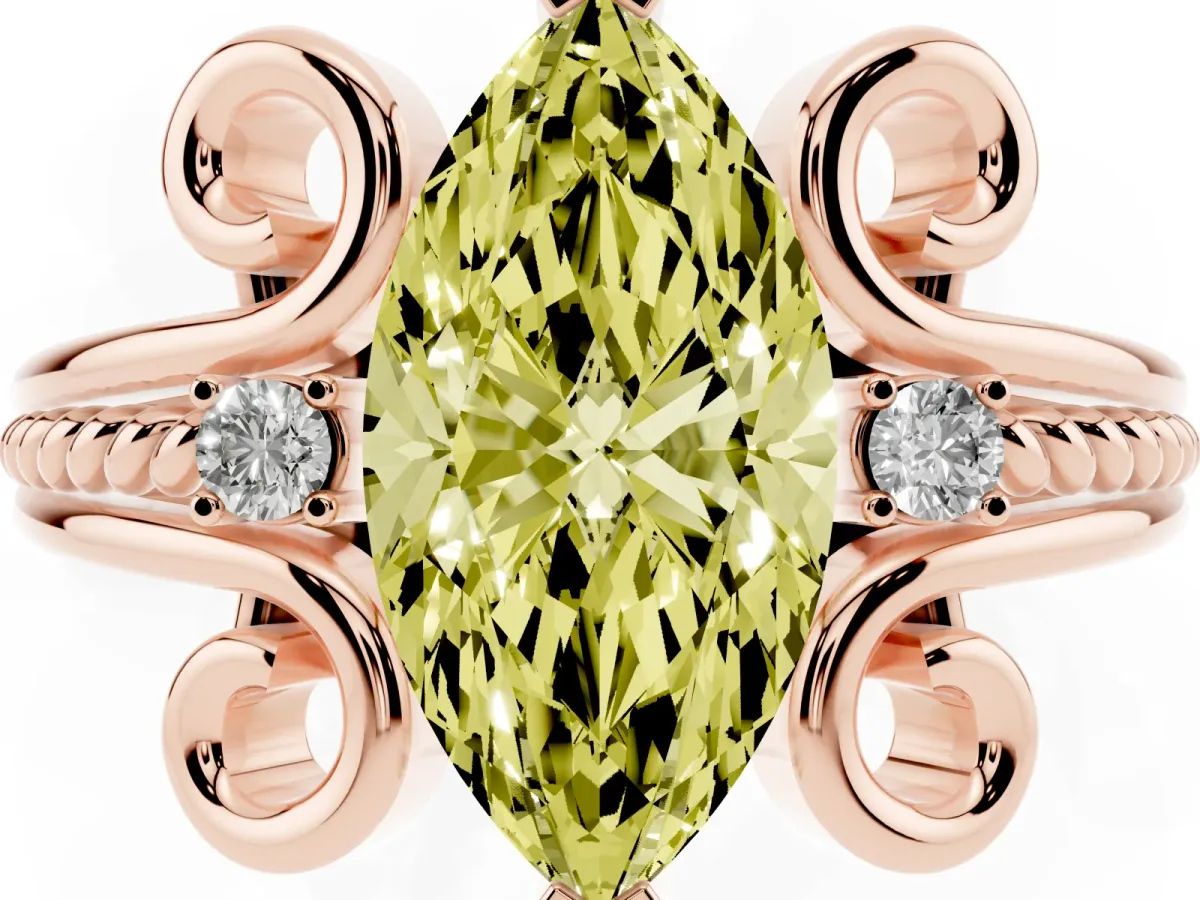 Fancy Yellow Marquise Cut Solitaire Twisted Band Scroll Prong Ring Rose gold